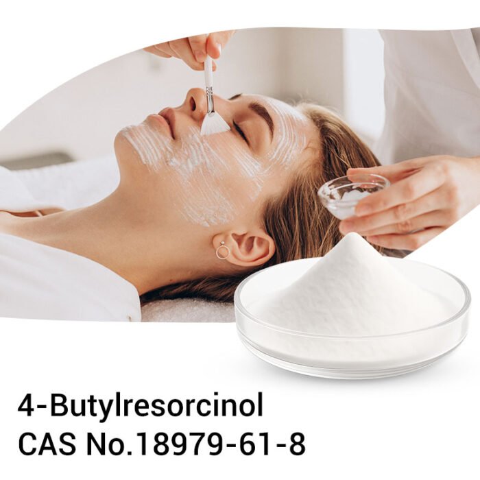 Facial skincare application using 4-Butylresorcinol, white crystalline powder in glass dish, CAS No. 18979-61-8. Skin brightening cosmetic ingredient for even skin tone and hyperpigmentation care.
