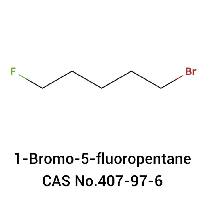 Molecular structure of 1-Bromo-5-fluoropentane, CAS 407-97-6, a fluorinated alkyl halide used in pharmaceutical and organic synthesis.