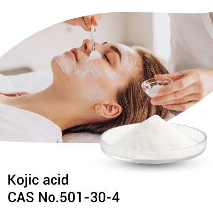 Woman receiving a skincare facial treatment with Kojic Acid, white powder in glass dish for cosmetic brightening formulations, CAS 501-30-4