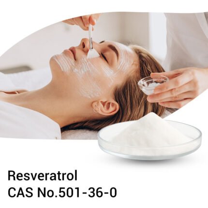 Facial skincare application featuring Resveratrol, a white antioxidant powder in glass dish, CAS No. 501-36-0