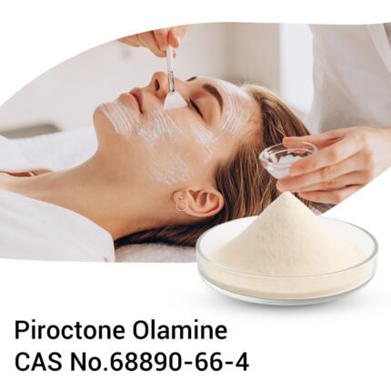A facial skincare treatment with cream containing Piroctone Olamine, white crystalline powder in glass dish, CAS No. 68890-66-4