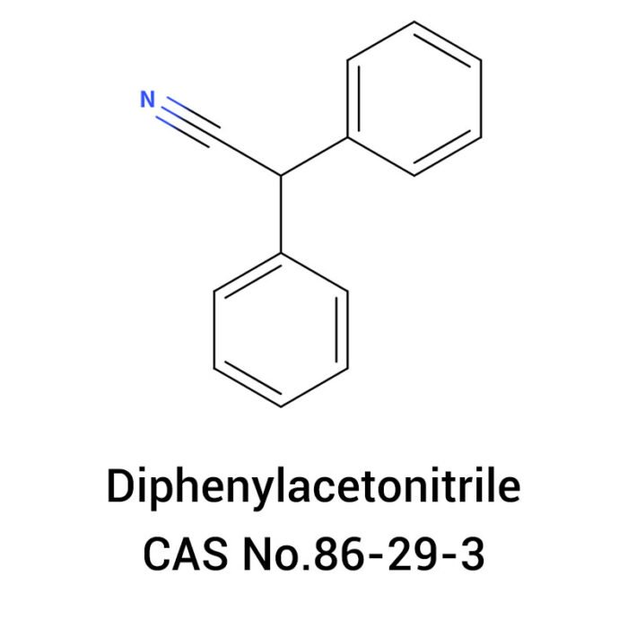 2D molecular structure of Diphenylacetonitrile CAS 86-29-3, organic synthesis intermediate for pharmaceutical and fine chemicals