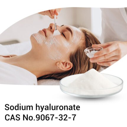 Facial cream application with Sodium Hyaluronate, white powder in glass dish, used for deep hydration and skin elasticity, CAS No. 9067-32-7