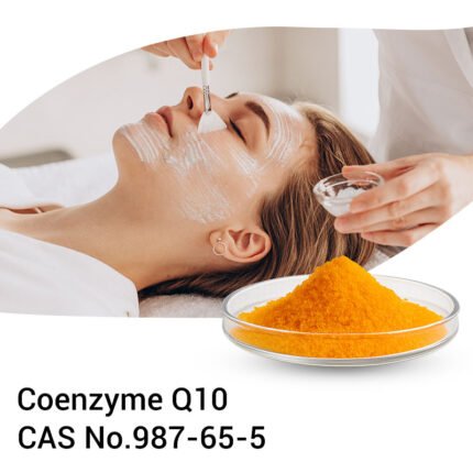 Orange Coenzyme Q10 (Ubiquinone) powder in a glass dish, shown in skincare product preparation, CAS No. 987-65-5