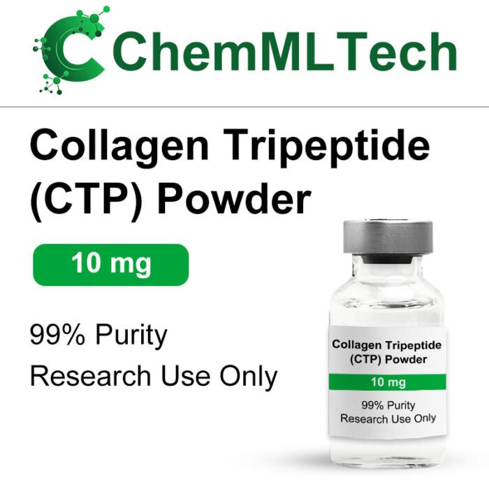 10mg vial of Collagen Tripeptide (CTP) powder in lyophilized form, 99% purity, research-grade product by ChemMLTech.