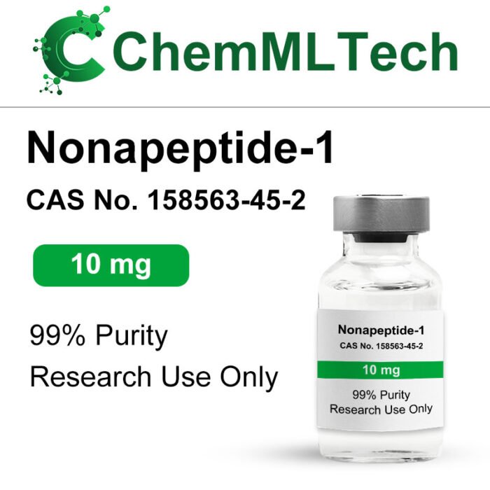 High-purity Nonapeptide-1 lyophilized peptide powder (CAS 158563-45-2) in a vial. Cosmetic-grade peptide trusted by R&D labs for skin brightening research.