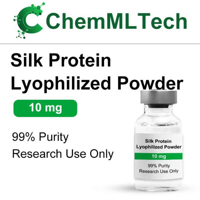 Labeled vial of 10mg Silk Protein Lyophilized Powder, 99% purity for laboratory and formulation research, by ChemMLTech.