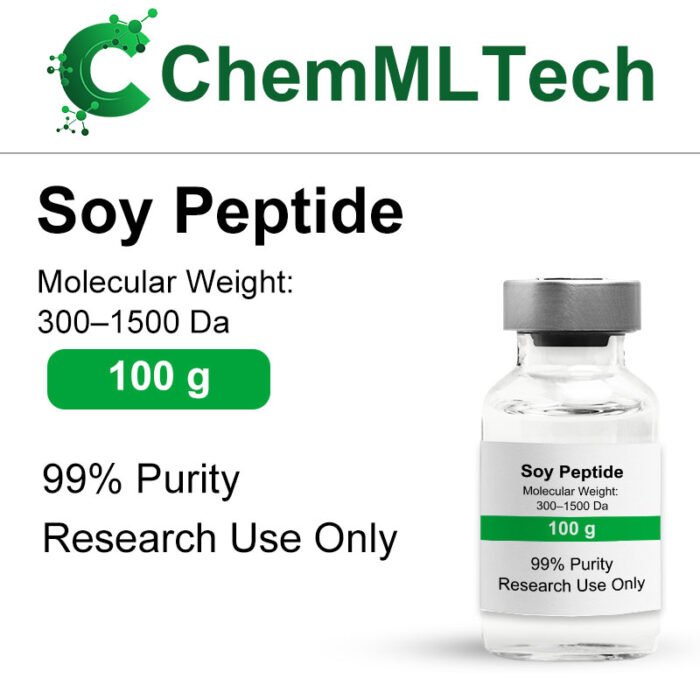 Labeled vial of Soy Peptide 100g, vegan-friendly hydrolyzed protein for cosmetic, food, and research applications.