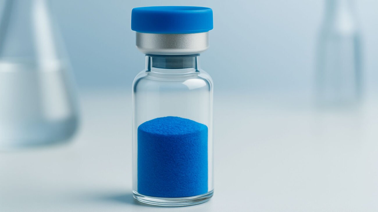 Close-up of GHK-Cu peptide powder with deep blue color in a small transparent vial, highlighting ghk-cu benefits for skin repair and anti-aging