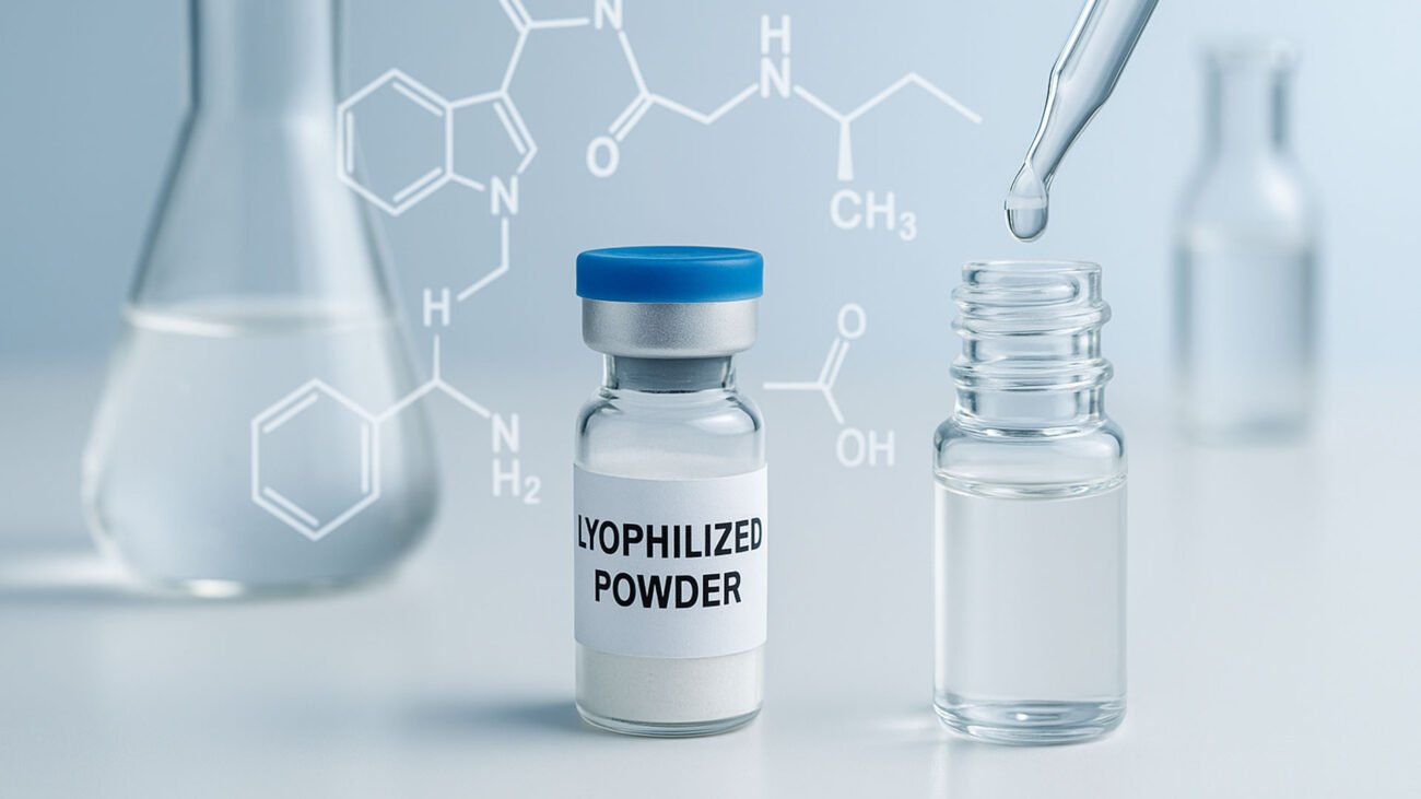 Lyophilized peptide powder vial and clear liquid dropper in a scientific laboratory setting with molecular diagrams in the background