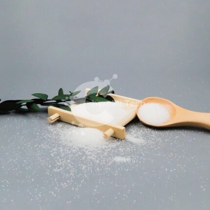 White crystalline powder of Sodium Hydroxide CAS 1310-73-2 displayed with bamboo tray, used in chemical, industrial, and water treatment fields
