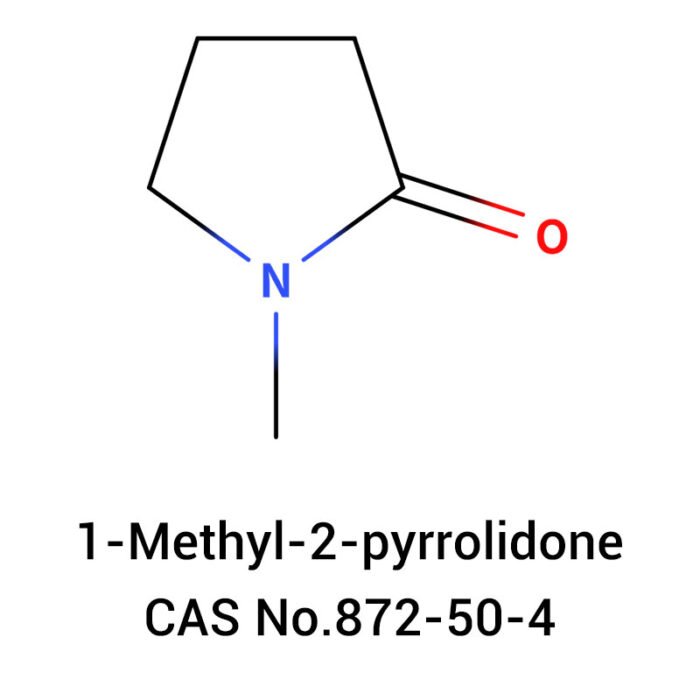 Molecular structure diagram of 1-Methyl-2-pyrrolidone (NMP), CAS No. 872-50-4, showcasing its cyclic amide ring.