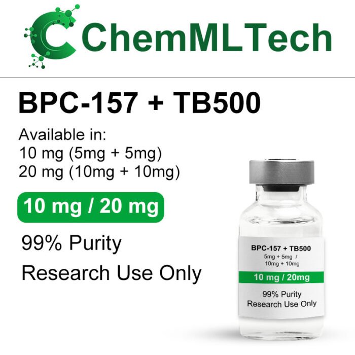 High-purity BPC-157 + TB500 lyophilized powder vial, available in 10mg and 20mg for research use