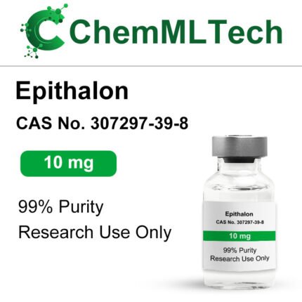 Epithalon Lyophilized Powder 10mg vial displayed with a natural bamboo tray.