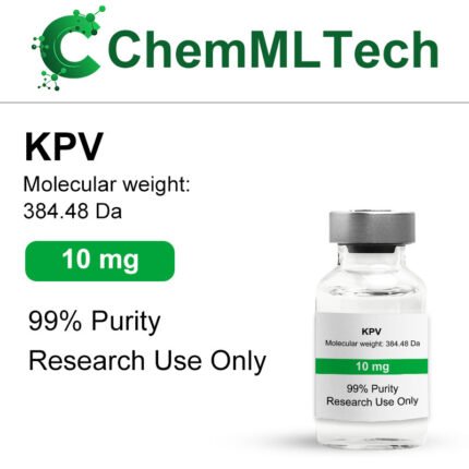 Glass vial labeled KPV peptide 10mg, 99% purity freeze-dried powder for research use