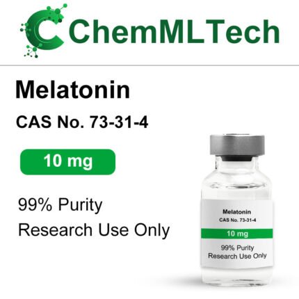 Glass vial of 10mg Melatonin lyophilized powder with 99% purity for research use only