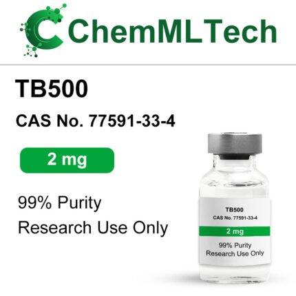 Clear vial labeled TB500 2mg with green stripe, peptide freeze-dried powder for research use
