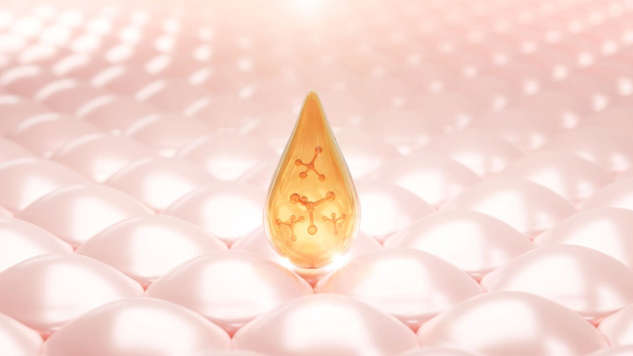 Illustration of EGF molecule in a serum droplet regenerating skin cells