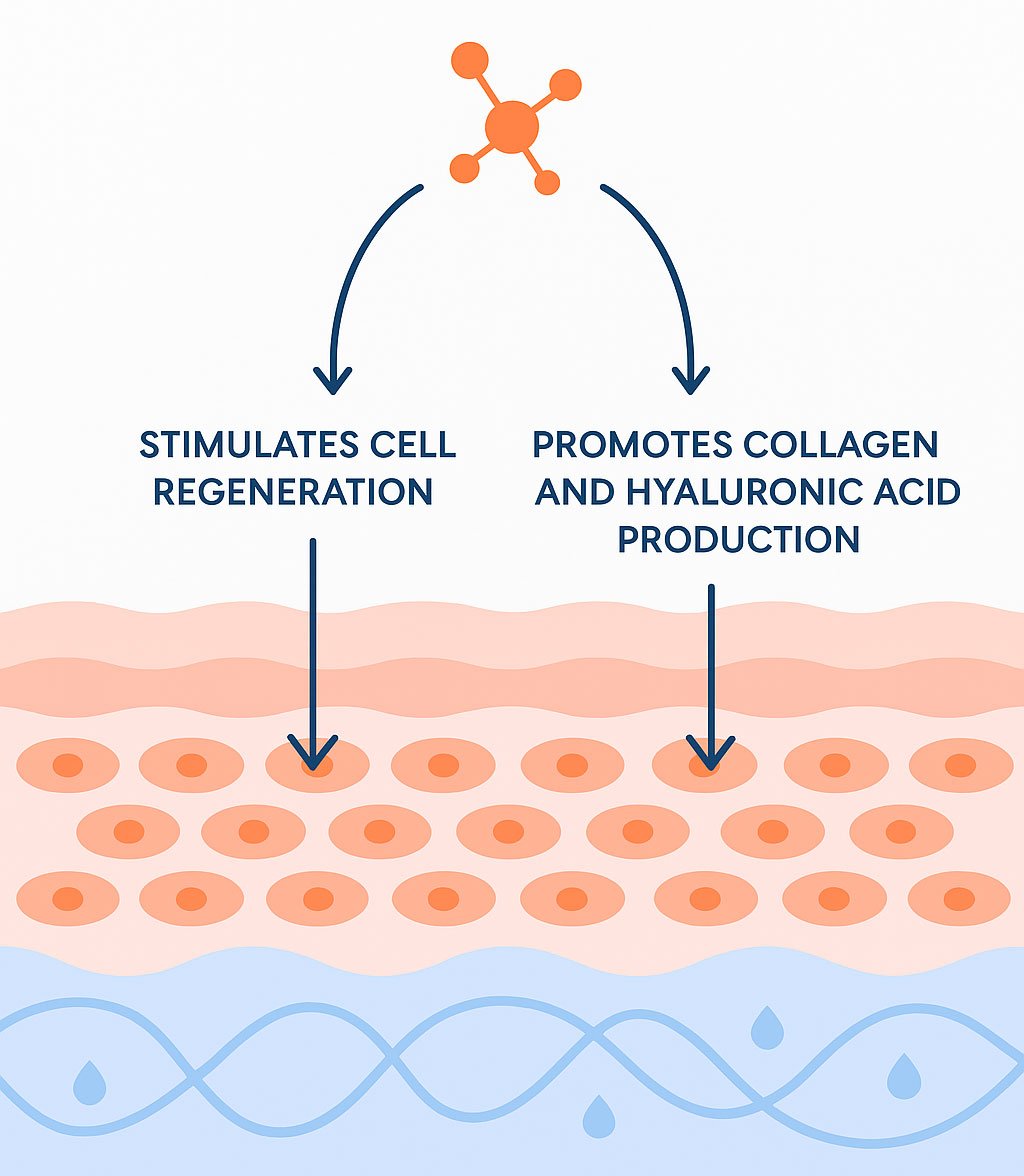 Illustration showing how EGF promotes skin cell regeneration and collagen production in skincare
