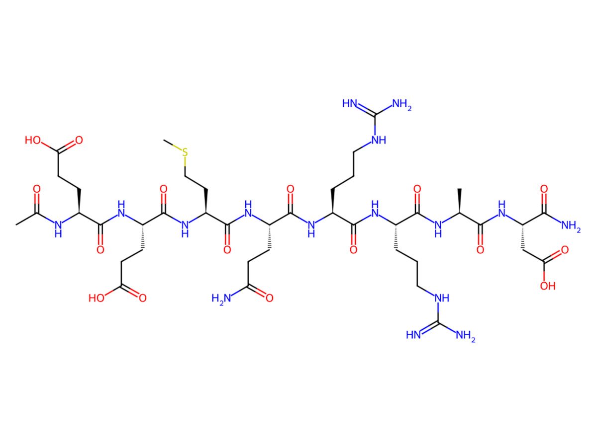 Chemical structure of Snap-8 Peptide (Acetyl-Glu-Glu-Met-Gln-Arg-Arg-Ala-Asp-NH2), an anti-aging octapeptide used in wrinkle-reducing skincare products