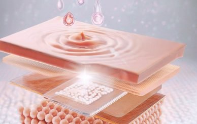 Illustration of skin layers with peptide spheres and hydration drops, showing SNAP-8 peptide absorption concept