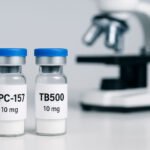 High-purity BPC 157 and TB500 lyophilized peptide vials on lab bench, used for research purposes only