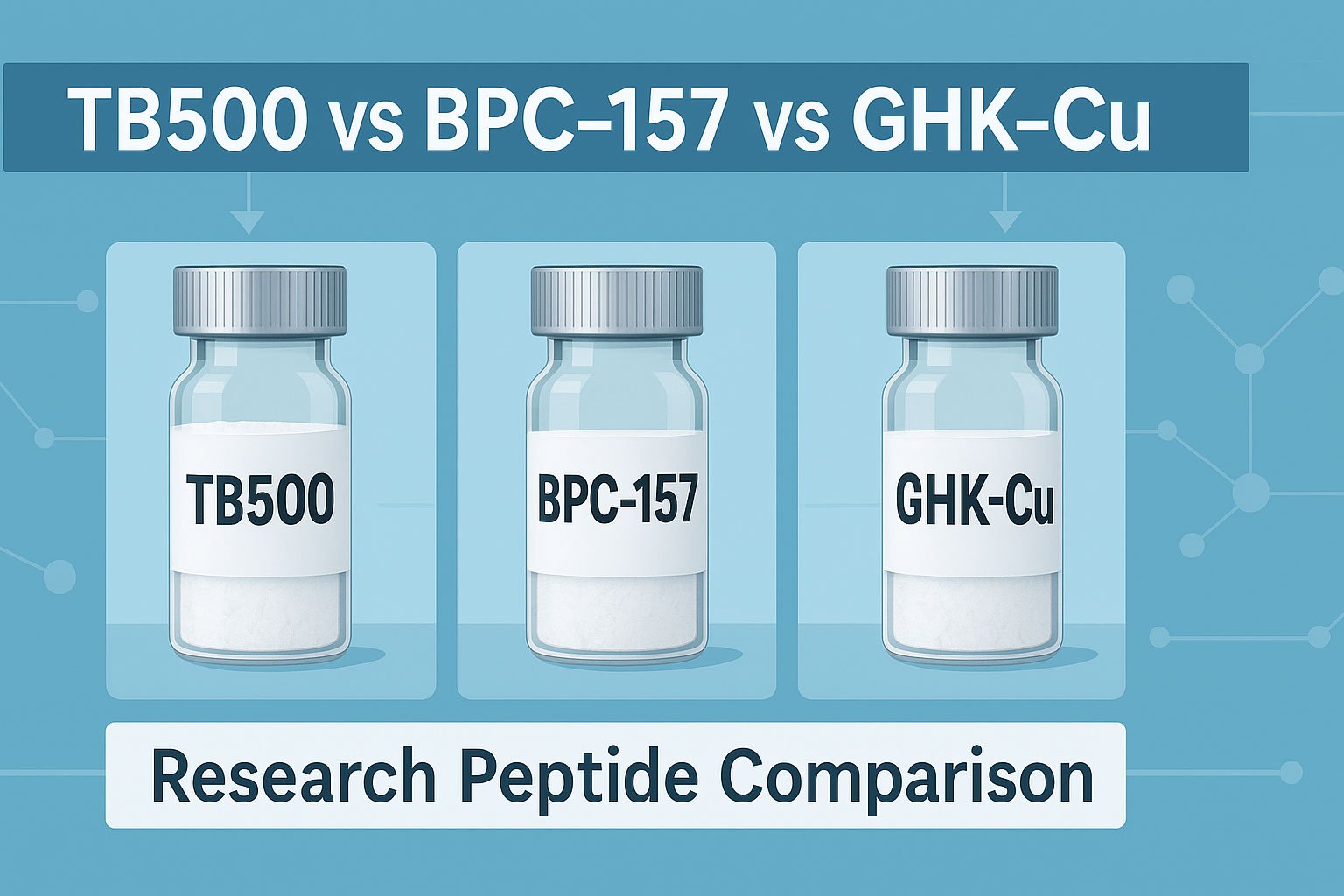 Illustrated comparison of TB500 vs BPC-157 vs GHK-Cu peptide vials for research use